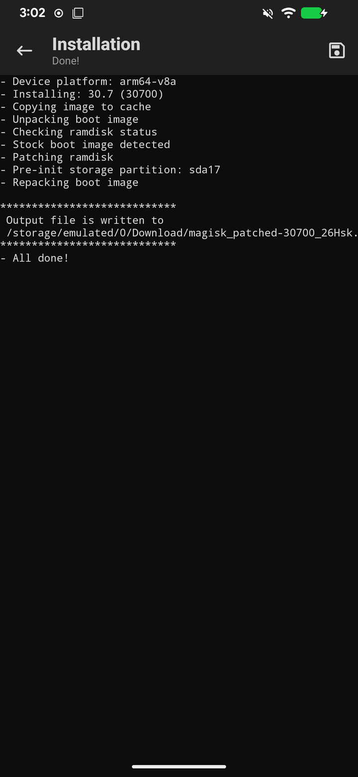 Magisk: boot.img patchato, All done!