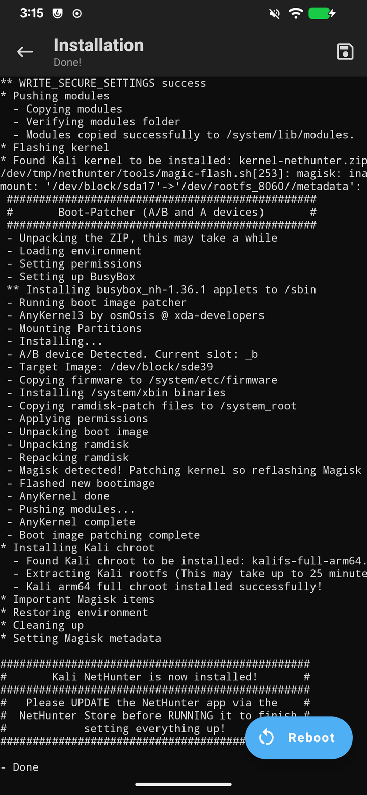 Kali NetHunter is now installed — il modulo ha finito
