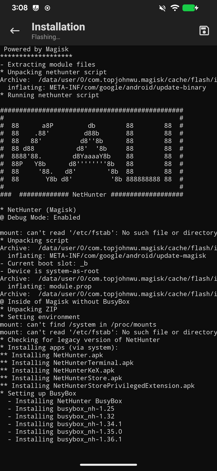 L'installer NetHunter dentro Magisk: banner ASCII e installazione delle app